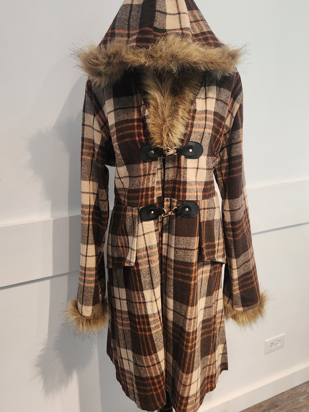 Plaid Hooded Toggle Coat with Faux Fur Trim - Brown/Cream